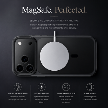 A dark-cased phone lies horizontally with a white charging puck attached beneath MagSafe. Perfected.