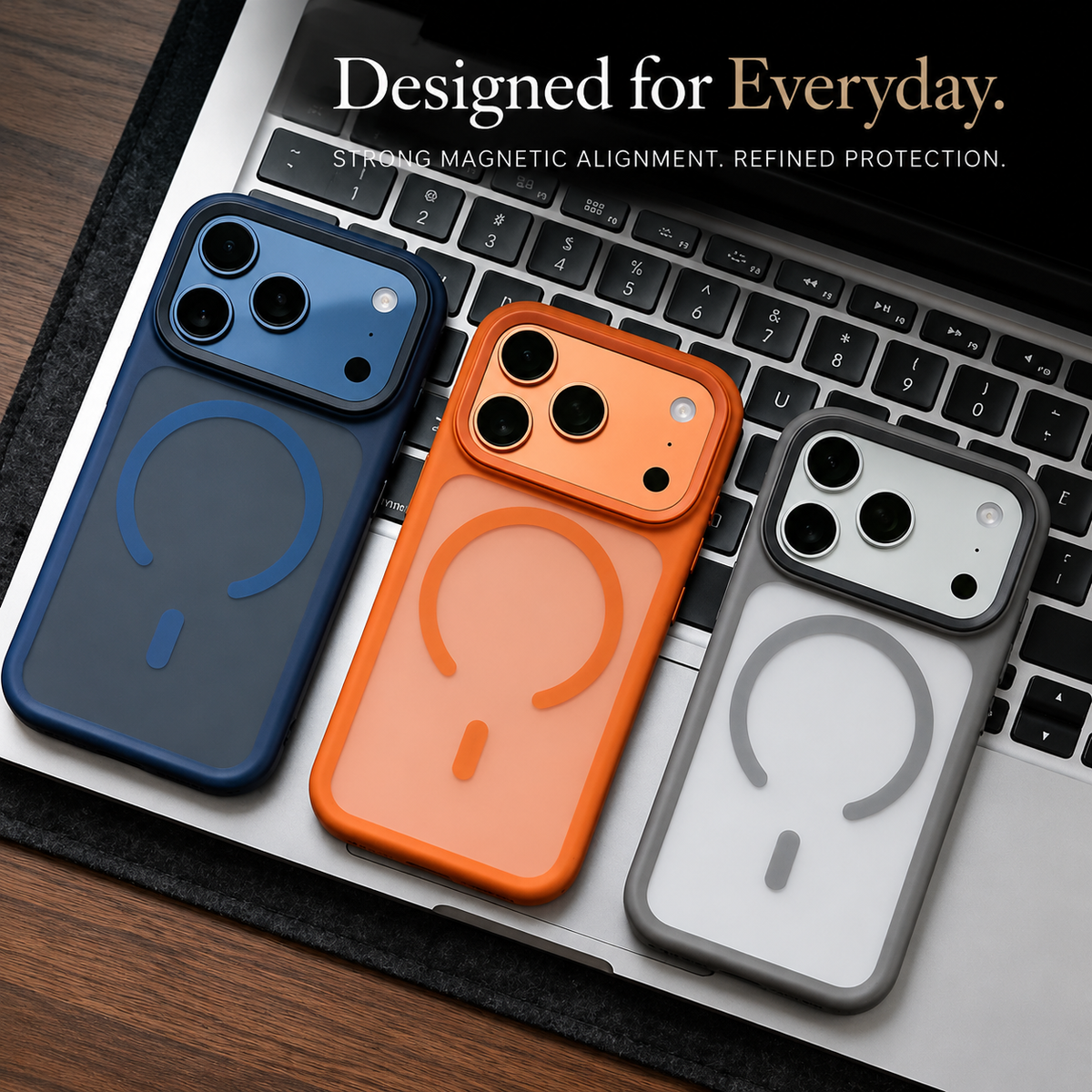Blue, orange and white cases lie on a laptop keyboard on a wooden desk beneath Designed for Everyday.