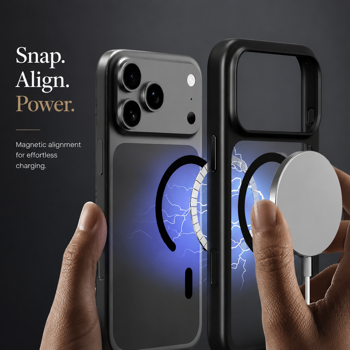 Hands hold a dark case and white charger with a blue glowing magnetic graphic between them beneath Snap. Align. Power.
