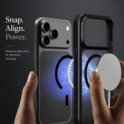 Hands hold a dark case and white charger with a blue glowing magnetic graphic between them beneath Snap. Align. Power.