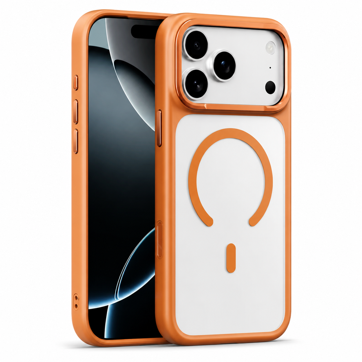 Front and rear views of an orange-edged translucent case stand on white, showing an orange magnetic circle on a pale back.