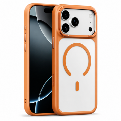 Front and rear views of an orange-edged translucent case stand on white, showing an orange magnetic circle on a pale back.
