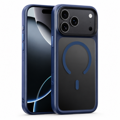 Front and rear views of a navy-edged translucent case stand on white, with a blue magnetic circle on a smoky back.