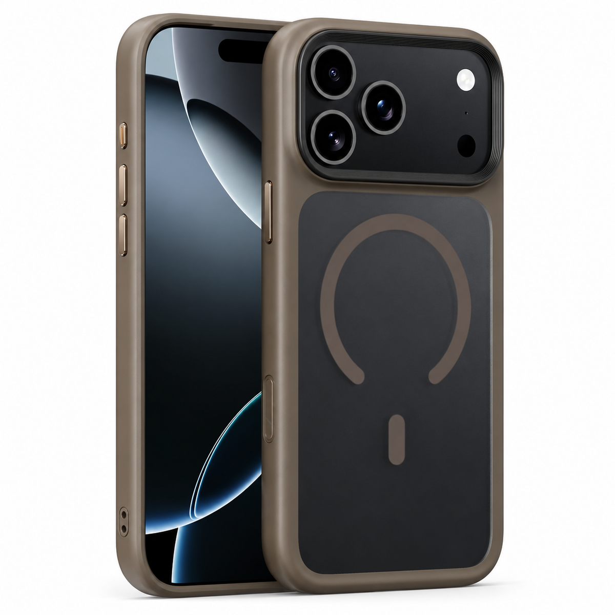 Front and rear views of a taupe-edged translucent case stand on white, showing a matching magnetic circle on a dark back.