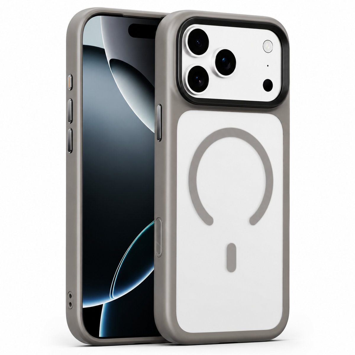 Front and rear views of a gray-edged translucent case stand on white, with a gray magnetic circle on a pale back.