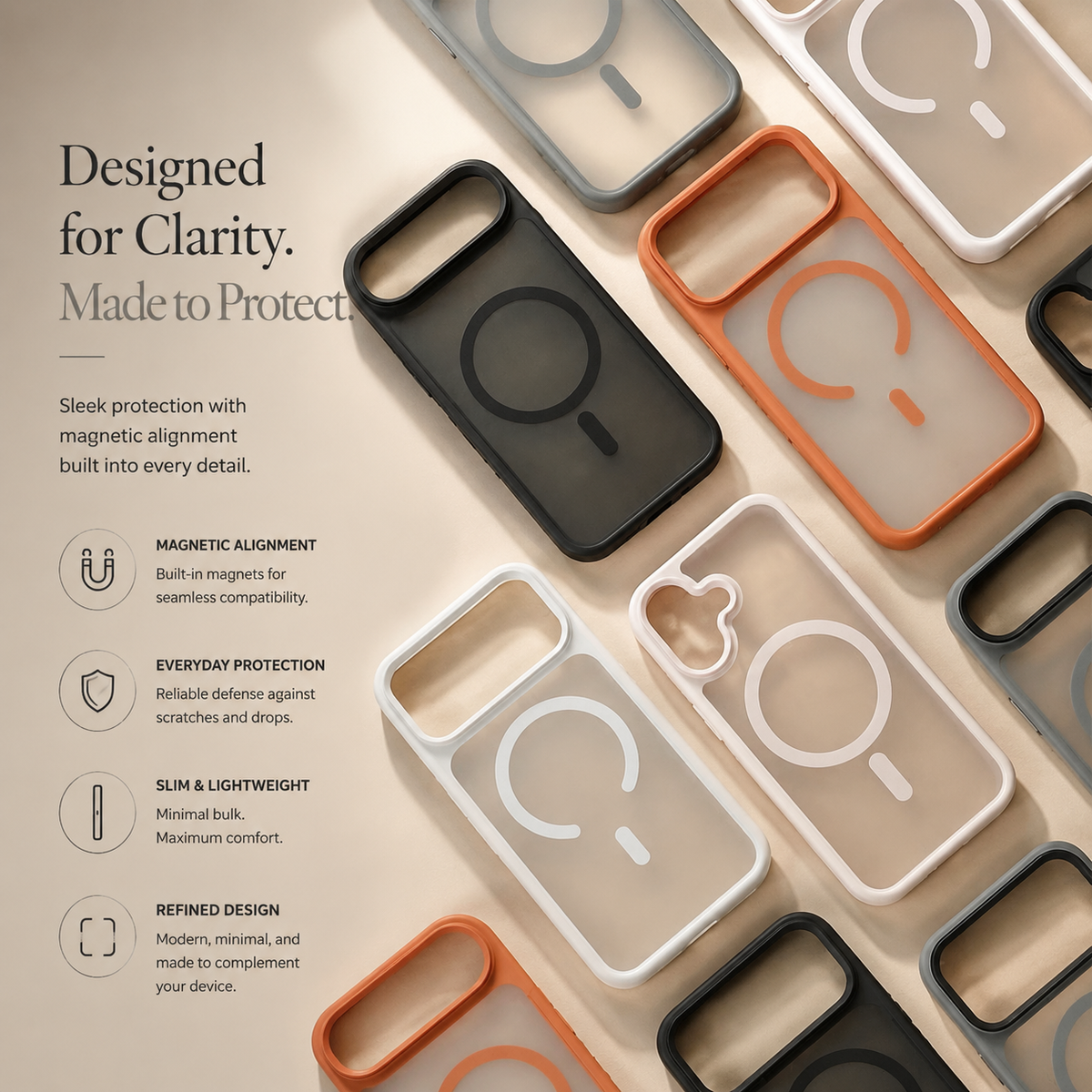 Several empty translucent cases in orange, dark, gray, white and beige finishes overlap on a pale surface beneath Designed for Clarity.