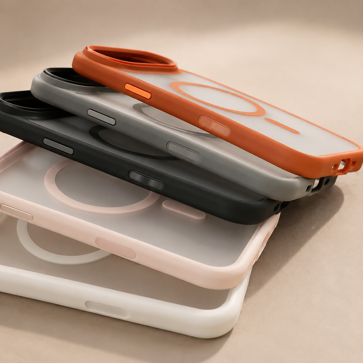 Orange, gray, dark, pink and white cases are stacked, showing raised camera openings, side buttons and circular magnetic markings.
