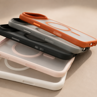 Orange, gray, dark, pink and white cases are stacked, showing raised camera openings, side buttons and circular magnetic markings.