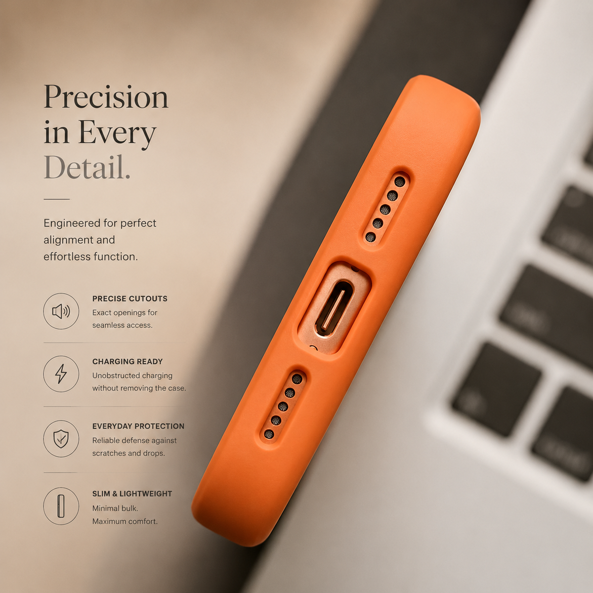A close bottom-edge view of an orange case shows charging-port and speaker cutouts beside a laptop keyboard.