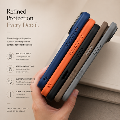 A hand holds blue, orange, black, taupe and gray cases edge-on, showing their side-button covers.