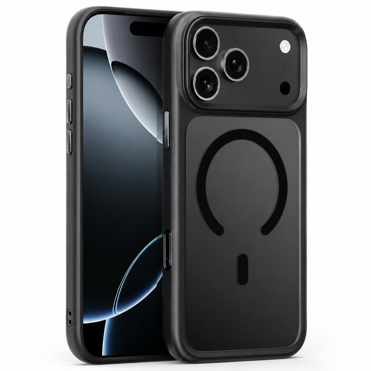 Front and rear views of a dark translucent case stand on white, with a black circular magnetic marking below its broad camera panel.