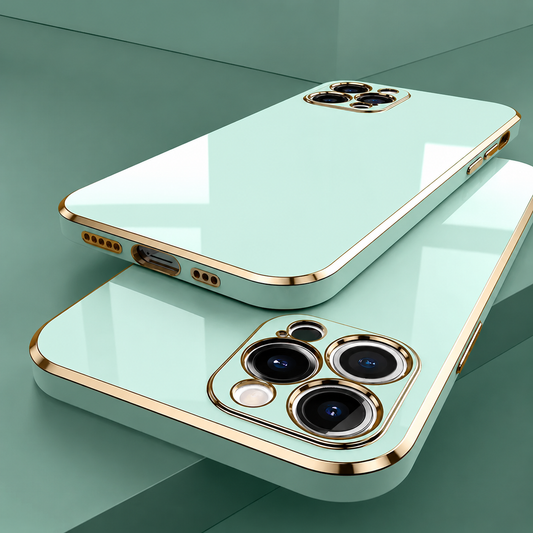 Two glossy mint-green phone cases overlap diagonally against green display blocks. Thin gold-colored borders outline their backs, side controls and three-lens camera surrounds, with bright window reflections.