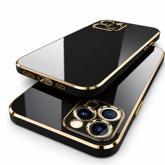 Two glossy black phone cases overlap diagonally against white. Thin gold-colored borders outline their backs, side controls and three-lens camera surrounds, with bright reflections across the smooth surfaces.