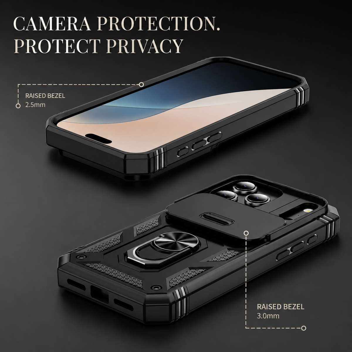 Front and rear views of a black rugged case with callouts claiming a 2.5 mm raised screen bezel and 3.0 mm raised camera border.