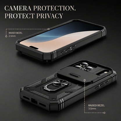 Front and rear views of a black rugged case with callouts claiming a 2.5 mm raised screen bezel and 3.0 mm raised camera border.