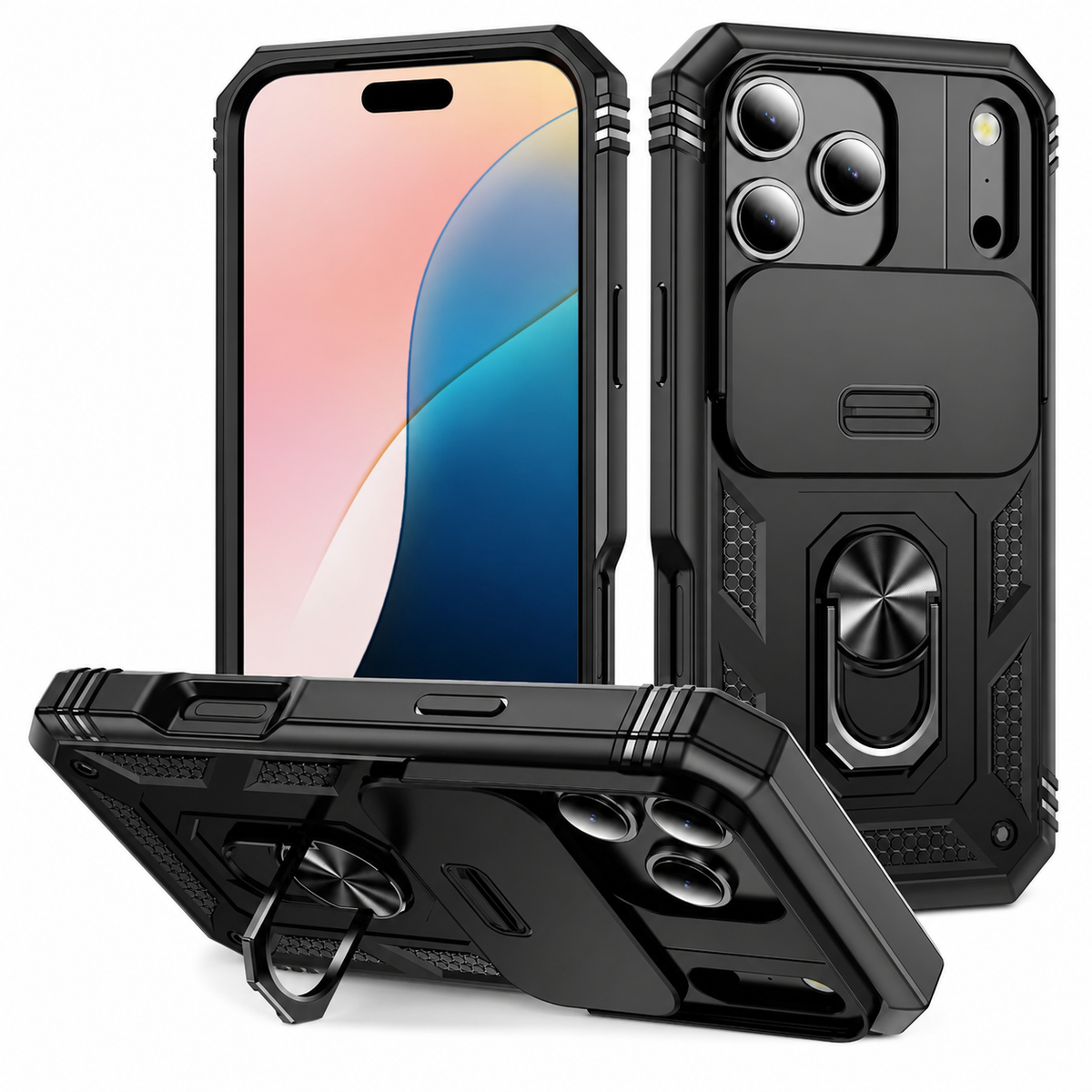 Black rugged phone case displayed upright from front and rear beside a horizontal ring-supported view. A wide rectangular camera slider sits below the exposed lenses.