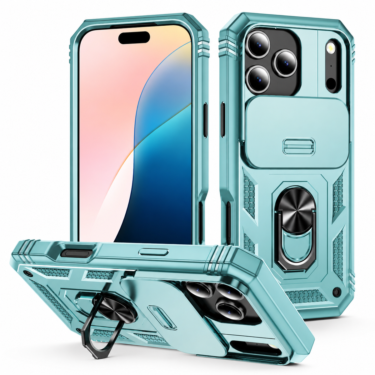 Turquoise rugged phone case shown from front, rear and horizontal stand position, with a wide camera slider below the exposed lenses and a rotating black ring.