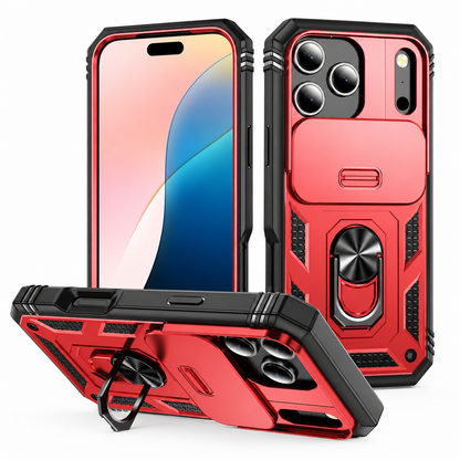 Red rugged phone case shown from front, back and horizontal stand position, with black bumper corners, a wide camera slider and a central fold-out ring.