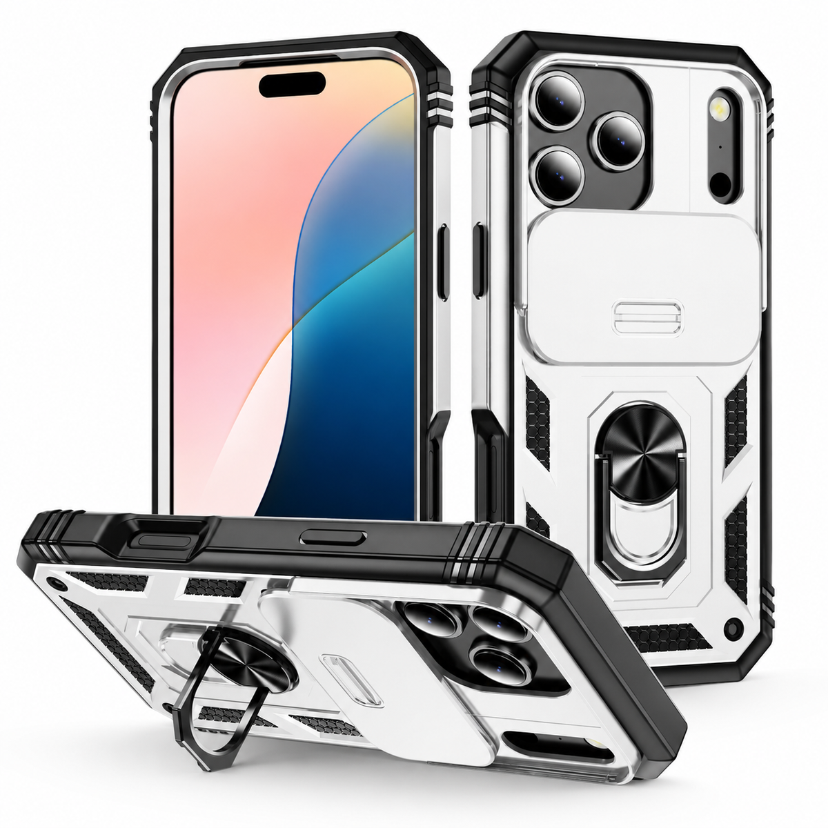 White rugged phone case shown from front, back and horizontal stand position, with black corner bumpers, a vertically sliding camera shield and a fold-out ring.
