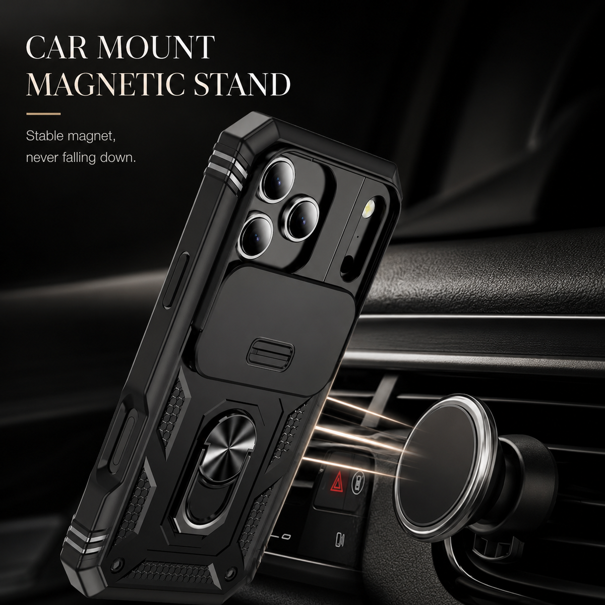 Black rugged case aligned with a circular car vent mount, with illustrated magnetic lines linking the rear ring to the mount. Text promotes a car-mount magnetic stand.