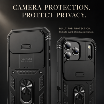 Two black rugged cases show the camera shield closed over the lenses and slid downward to expose them. Text promotes camera protection and privacy.