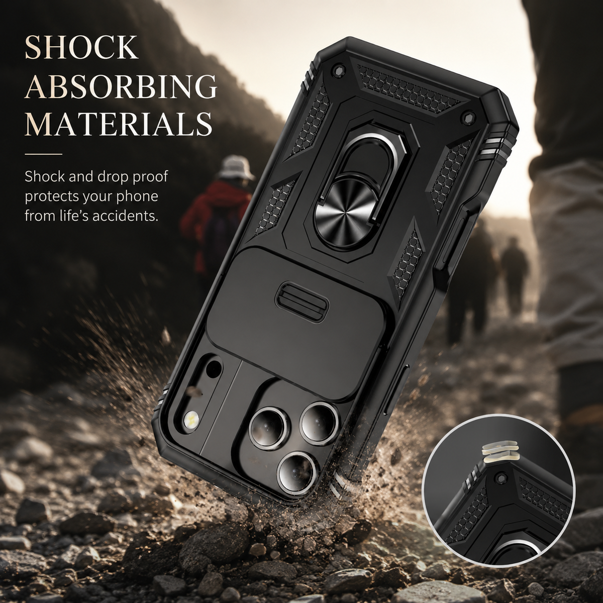 Black rugged case illustrated falling onto rocky ground beside a person, with a corner detail inset. Text claims shock-absorbing materials and drop protection.