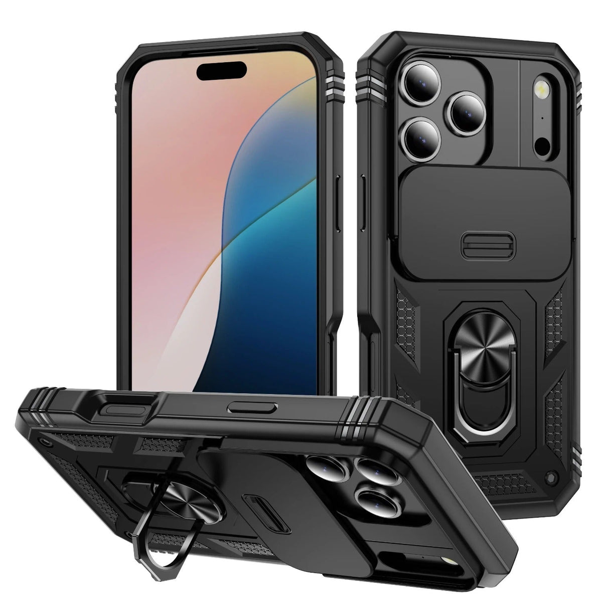 Black rugged case shown from front, rear and horizontal stand position, with a wide camera slider that moves vertically below the lenses and a rotating fold-out ring.