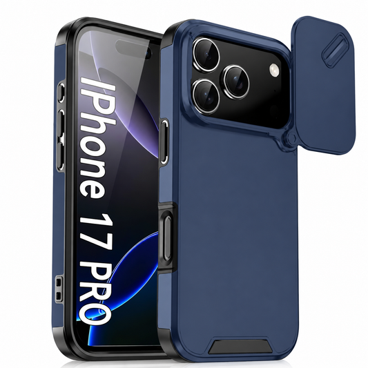 Navy blue case shown from the front and back with its hinged camera cover opened sideways. Black edge bumpers and exposed three-camera lenses are visible.