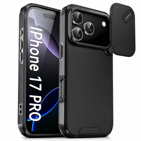 Black case shown from the front and back with its rectangular camera cover swung open sideways. Text on the screen reads iPhone 17 Pro.