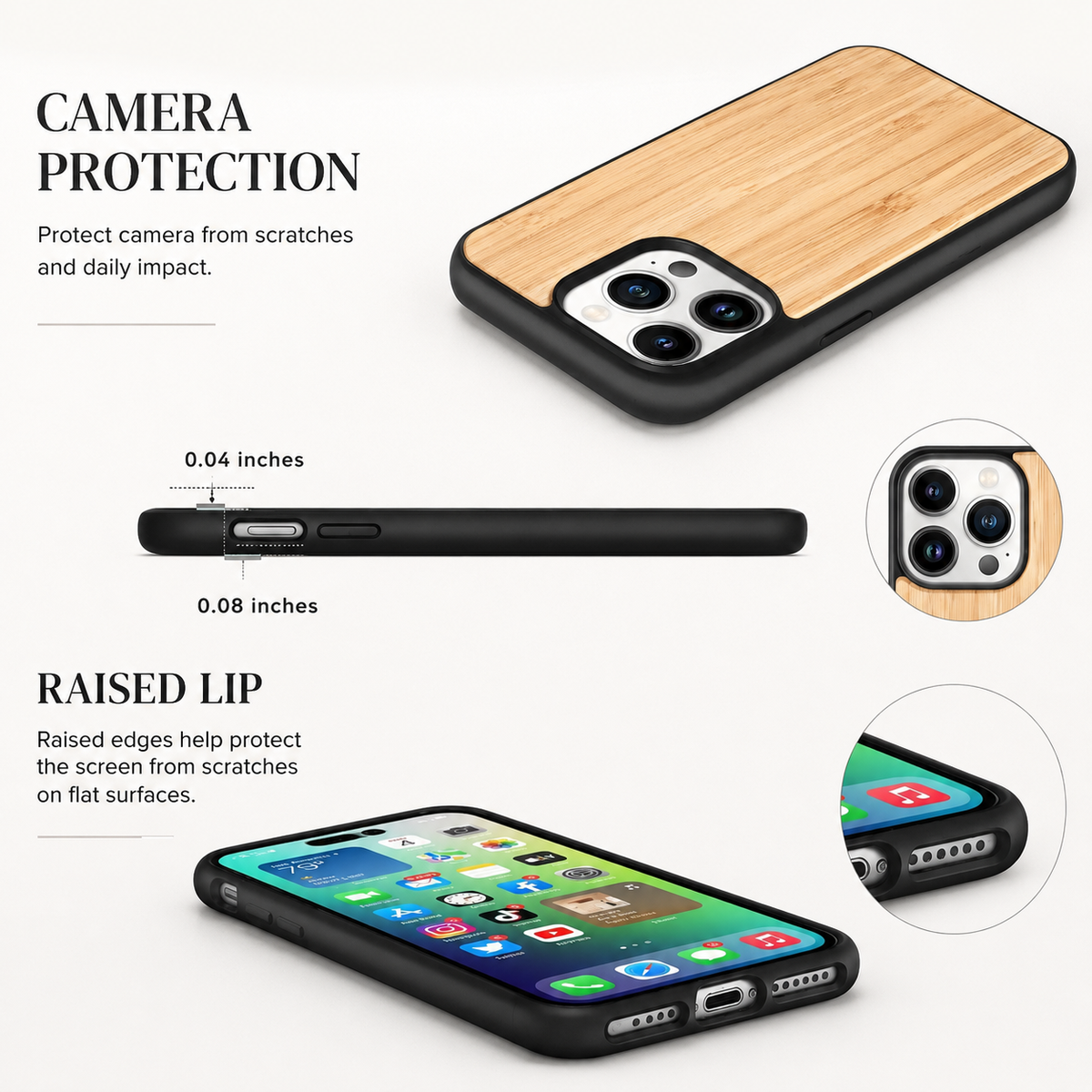 A pale infographic shows rear, side, and front views of a golden wood-backed phone case. The upper rear view highlights the three-lens camera surround, and the lower front view shows a colorful home screen. Circular insets enlarge the raised camera and screen rims. A narrow side diagram carries 0.04-inch and 0.08-inch labels.