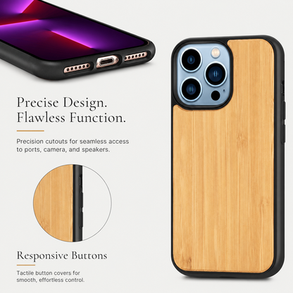 A golden wood-backed phone stands upright on the right of a pale infographic, showing a black border and three rear camera lenses. A cropped front view at upper left reveals the charging port and speaker openings along the bottom edge. A circular inset enlarges the side buttons beneath the heading 'Precise Design. Flawless Function.'