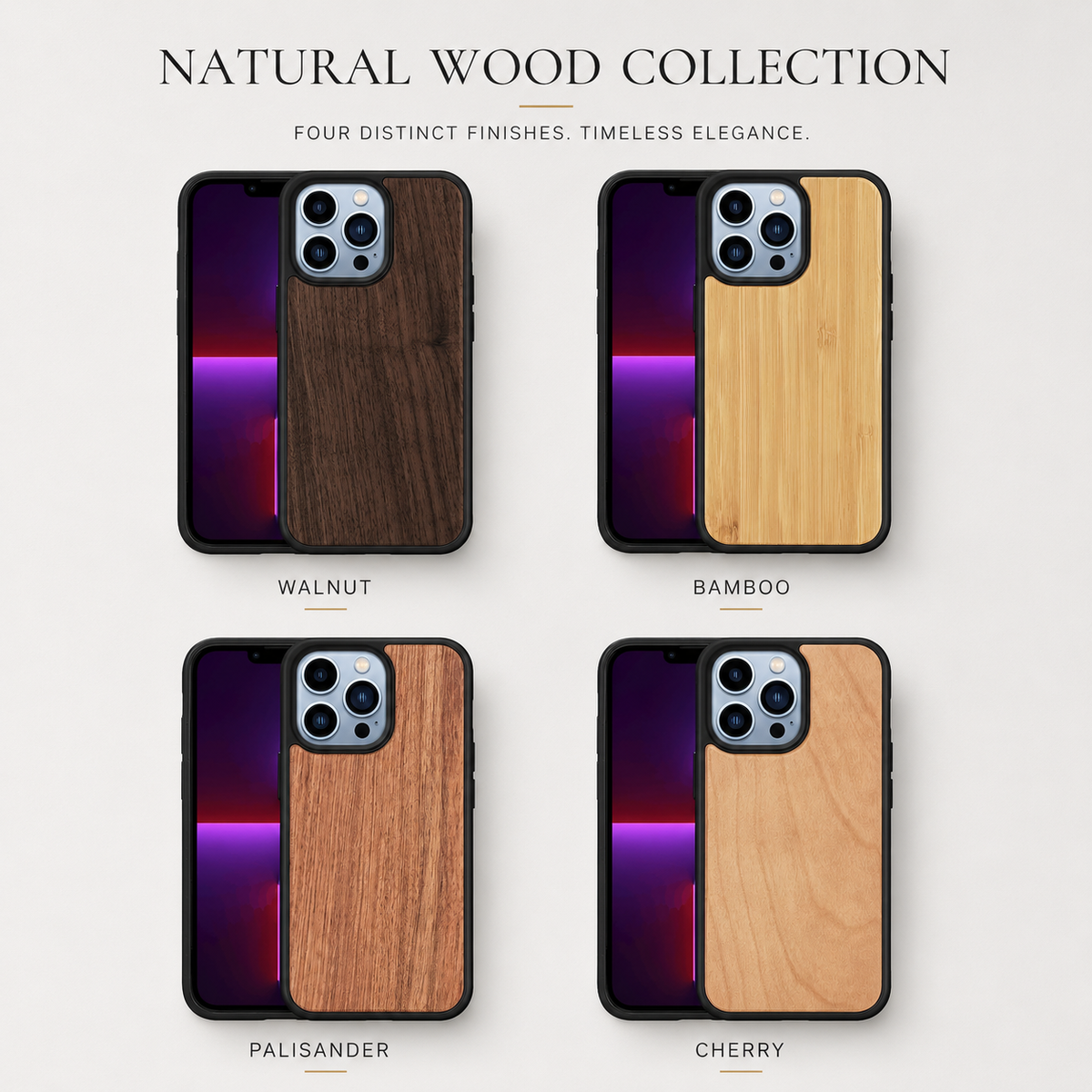 A pale infographic headed 'Natural Wood Collection' arranges four front-and-back phone pairs in a two-by-two grid. Each pair shows a purple-screen phone beside a black-edged wood-backed case. The four visible finish labels are 'Walnut,' 'Bamboo,' 'Palisander,' and 'Cherry,' with brown, golden, reddish-brown, and light honey-colored grains.