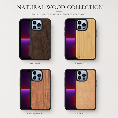 A pale infographic headed 'Natural Wood Collection' arranges four front-and-back phone pairs in a two-by-two grid. Each pair shows a purple-screen phone beside a black-edged wood-backed case. The four visible finish labels are 'Walnut,' 'Bamboo,' 'Palisander,' and 'Cherry,' with brown, golden, reddish-brown, and light honey-colored grains.