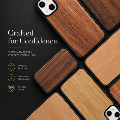 Several wood-backed phone cases fill the right side of a diagonal arrangement on a dark surface. Their black borders frame warm brown, reddish-brown, and golden panels with visible linear grain, and some rear camera openings remain in view. At left, 'Crafted for Confidence' appears above three small feature icons.
