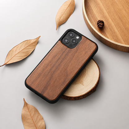 A phone with a medium-brown wood-grain back rests diagonally on a round slice of wood against a light gray surface. Dark linear streaks run along the panel inside a black frame, with three rear cameras at the top. Dry tan leaves and part of a wooden tray surround the phone.