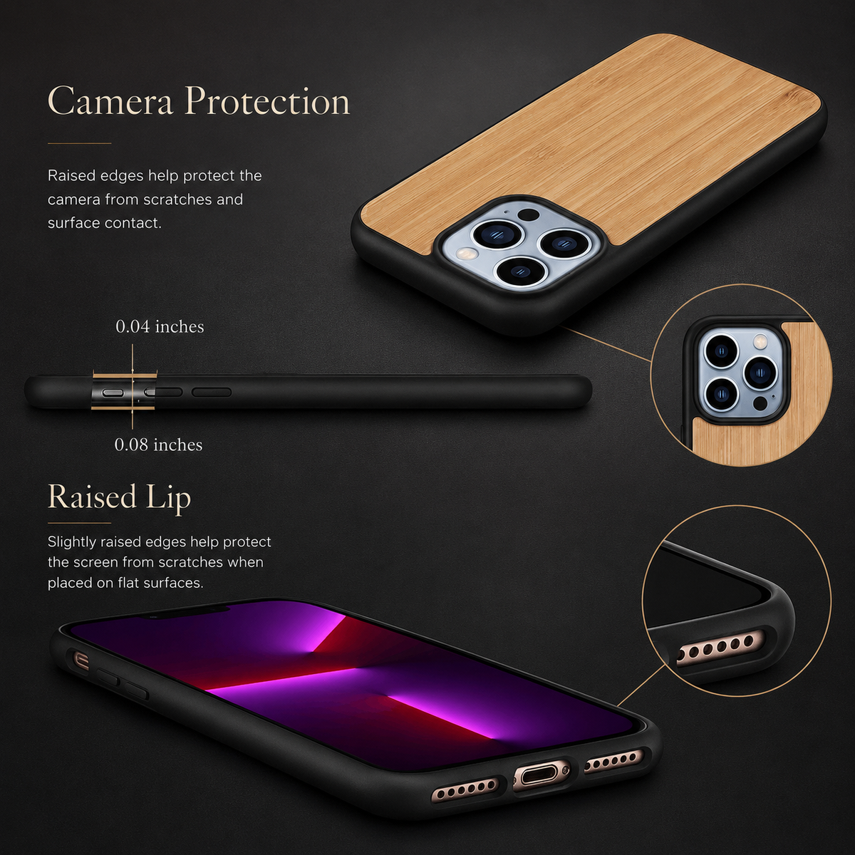 A dark camera and screen protection infographic shows rear, side, and front views of a wood-backed phone case. A camera close-up illustrates the raised surround, while a second inset highlights the lip above the screen. The side diagram includes 0.04-inch and 0.08-inch labels, and the front view displays a purple screen.