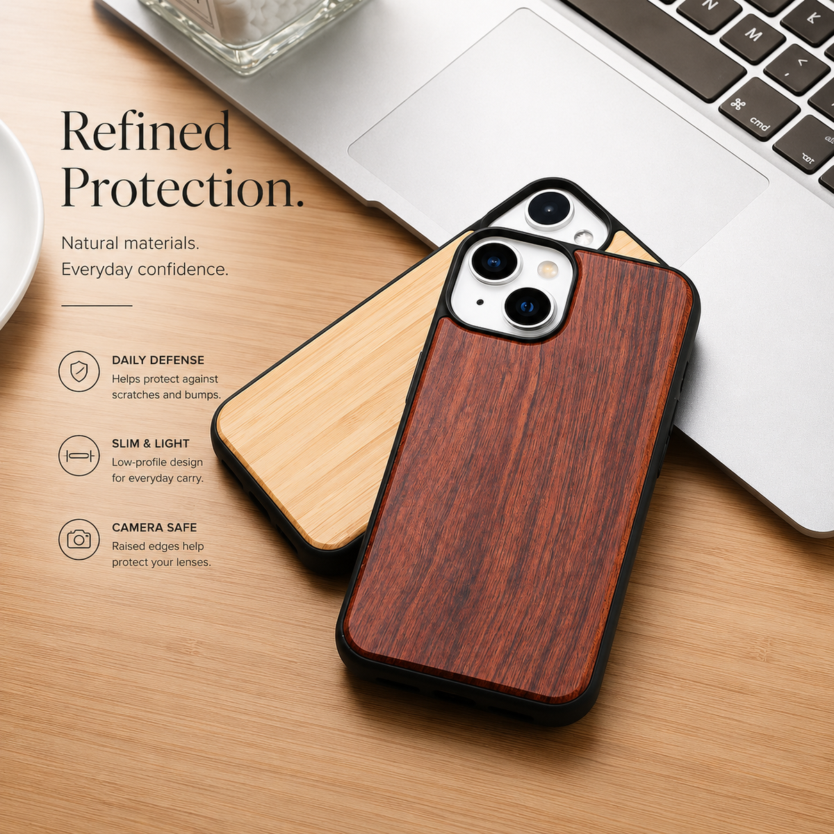 Two wood-backed phone cases overlap diagonally on a wooden desk beside a silver laptop. The front case has a reddish-brown grain; the case behind it is pale golden. Both have black borders and pale camera openings. A cropped glass container appears at the upper left, beside the heading 'Refined Protection' and three feature icons.