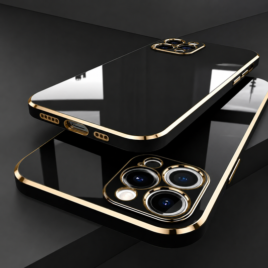 Two glossy black phone cases stacked diagonally on dark blocks, showing gold-colored camera rings, side buttons and exposed charging-port and speaker openings.