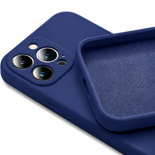 Two navy blue phone cases overlap diagonally on white. One shows its smooth matte back and raised circular borders around three camera lenses; the other is empty, exposing a soft-looking textured lining. The squared outer rim has rounded corners and visible side button covers.