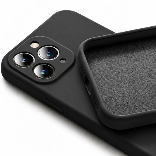 Two black phone cases overlap diagonally on white. One shows its smooth matte back and raised circular borders around three camera lenses; the other is empty, exposing a soft-looking textured lining. The squared outer rim has rounded corners and visible side button covers.