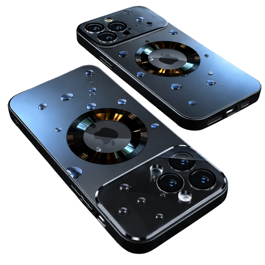 Two glossy dark phone cases with reflective circular magnetic rings lie diagonally against white, with water droplets scattered across their backs and large shiny camera panels.