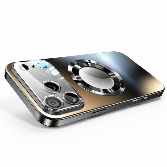 Dark metallic-looking phone case lying diagonally against white, with a reflective wide camera panel and a shiny circular ring on its back.