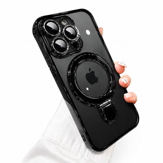 A hand in a white sleeve holds a glossy black phone case diagonally on white. Reflective borders surround three camera lenses and a large folding circular ring on the back. The Apple logo remains visible inside the ring, with a short hinged tab below it.