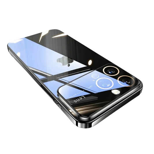 Dark glossy transparent phone case lies diagonally against white, showing a broad reflective camera panel with gold-colored lens rings and the Apple logo through the clear back.