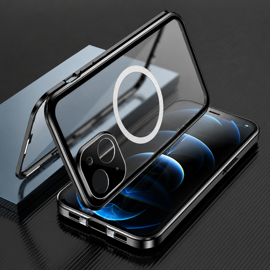 Black-edged clear magnetic case illustrated separated into back panel, front frame and phone with a blue screen on a dark surface.