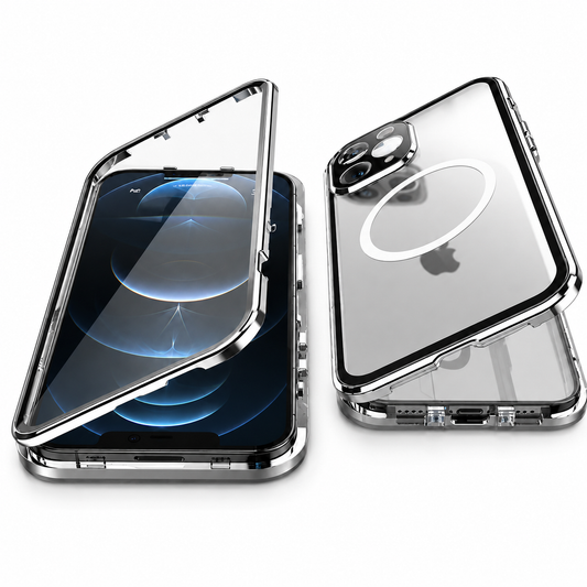 Silver-colored full-body clear phone case shown with its front glass frame lifted away in two views. A white magnetic ring is visible through the back over the Apple logo.