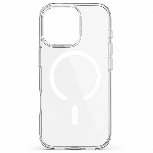 Clear case stands upright against white, with a raised square camera opening, white broken circular magnetic ring, and short white alignment bar on the transparent back.