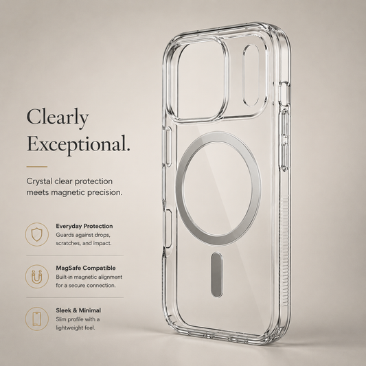 Clear case stands at an angle on beige, showing a silver-colored magnetic ring, raised camera panel, and covered side buttons. Text advertises magnetic compatibility, protection, and a slim profile.