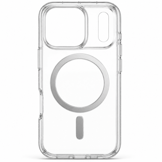 Clear case stands upright with a silver-colored circular magnetic ring and alignment bar. The raised camera panel has a large square opening and a narrow oval opening alongside it.
