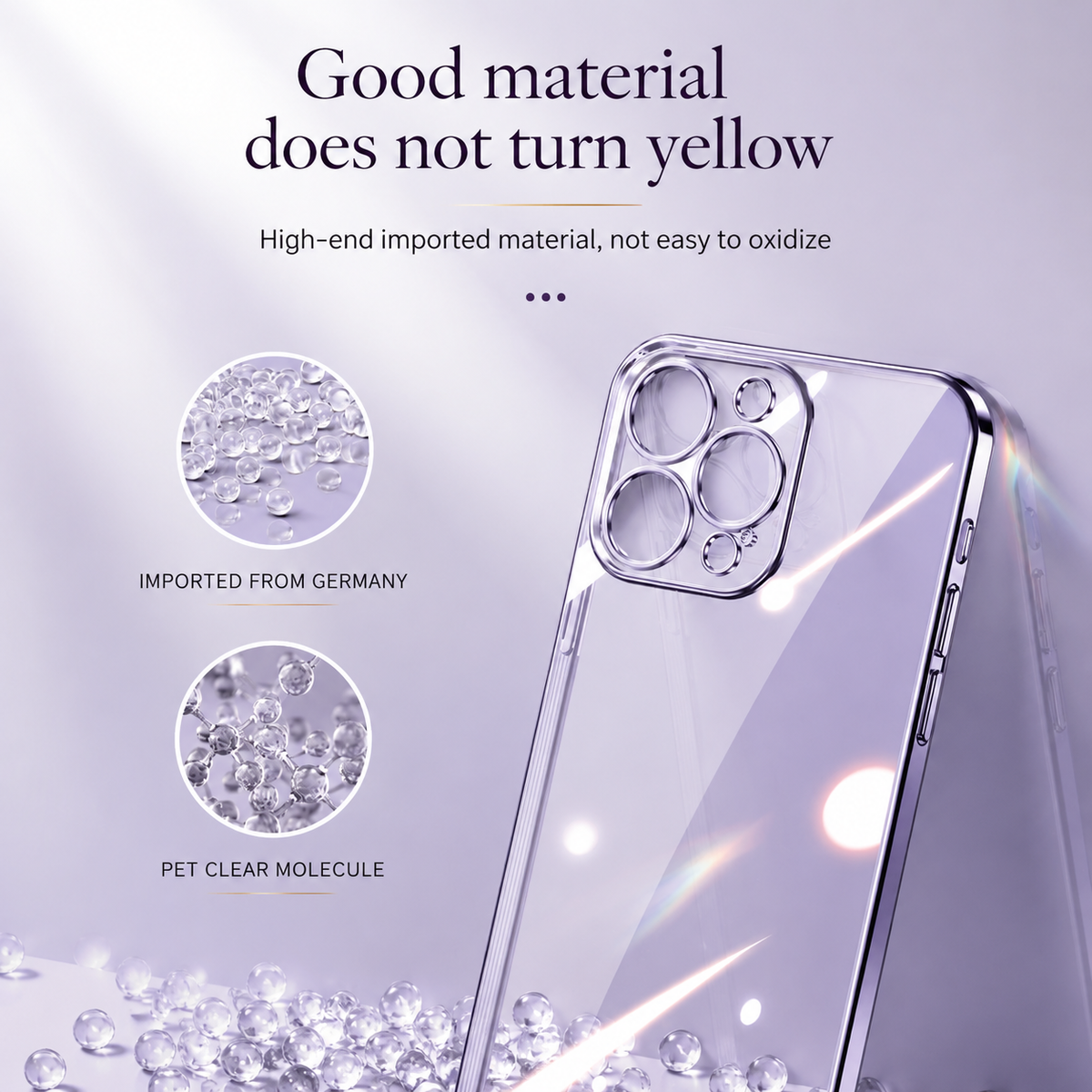 Clear purple case shown beside bead-like material insets. Text advertises resistance to yellowing and oxidation and describes imported transparent material.